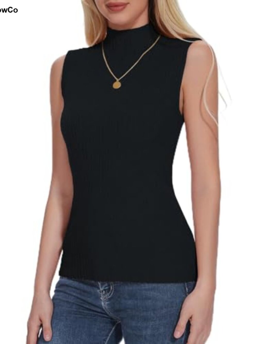 Ribbed Knit Mock Neck Sleeveless Tank Top Slim Fit Vest